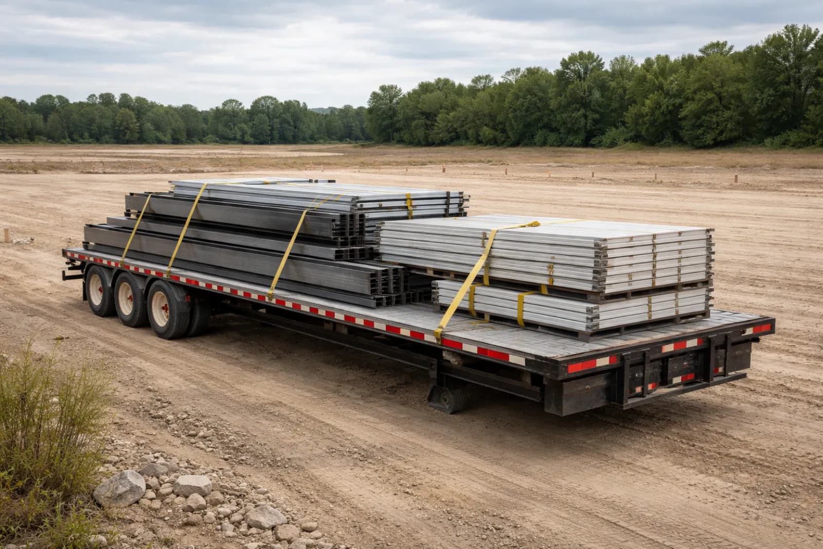 Steel building materials on a flatbed trailer at a construction lot